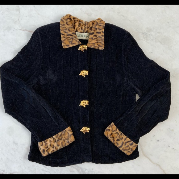 Vintage Carole Wang 1990’s chenille sweater animal print collar cheetah buttons - Picture 7 of 10